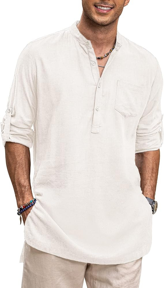 COOFANDY Men's Linen Henley Shirts Long Sleeve Collarless T-Shirts Longline Kurta Beach Shirts wi... | Amazon (US)