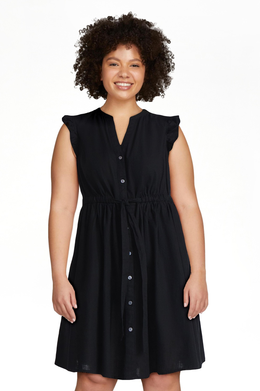 Time and Tru Women's and Women's Plus Button Front Cotton Mini Dress with Flutter Sleeves, Sizes ... | Walmart (US)