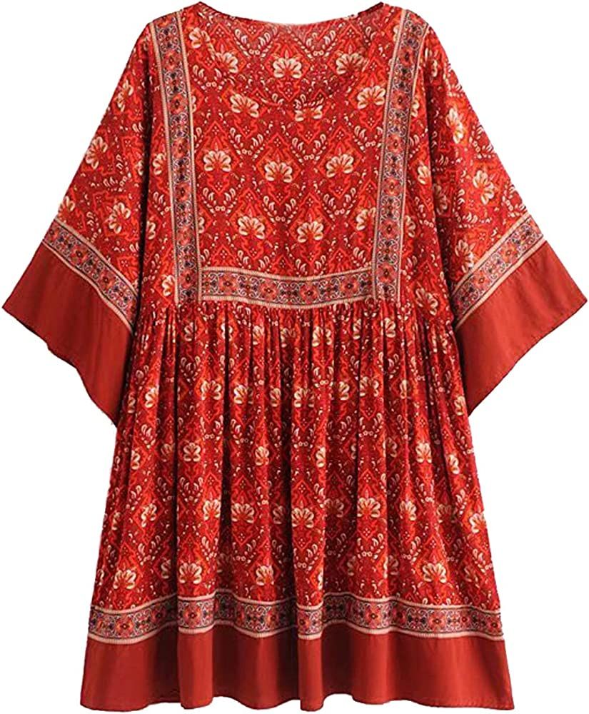 R.Vivimos Women's Summer Cotton Half Sleeve Casual Loose Bohemian Floral Tunic Dresses | Amazon (US)