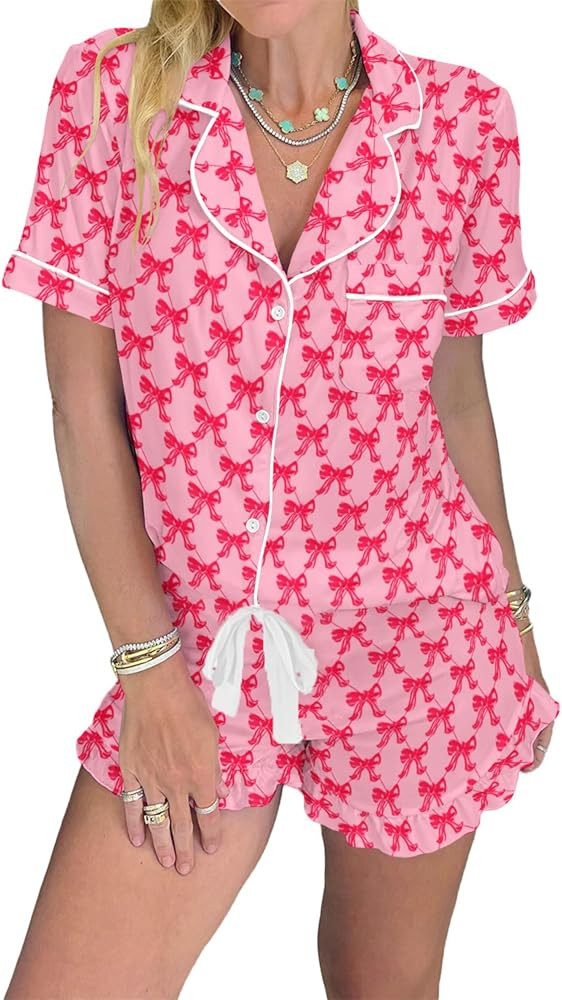 KevaMolly Womens Christmas Lounge Sets Candy Cane Print Pocketed Knotted PJ Set Short Sleeve Xmas... | Amazon (US)