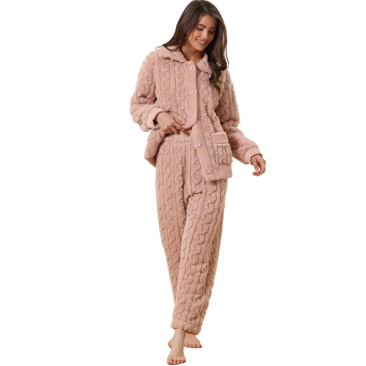 cheibear Women's Soft Warm Fluffy Fleece Button Down Long Sleeve Sleepwear with Pockets Pajama Se... | Target