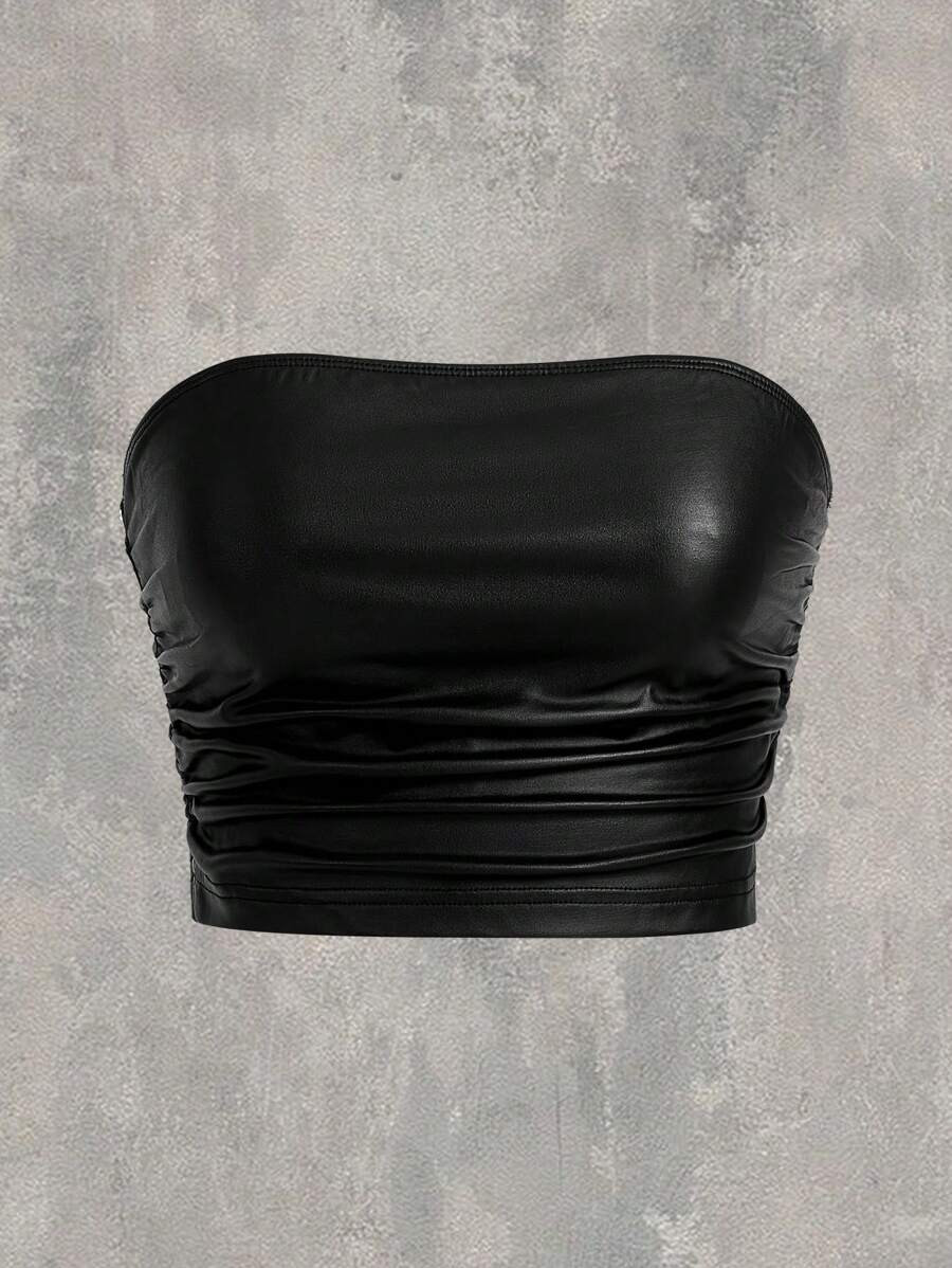 SHEIN EZwear Women's Plus Size Knit Side Gathered Pleated Black Tank Top | SHEIN