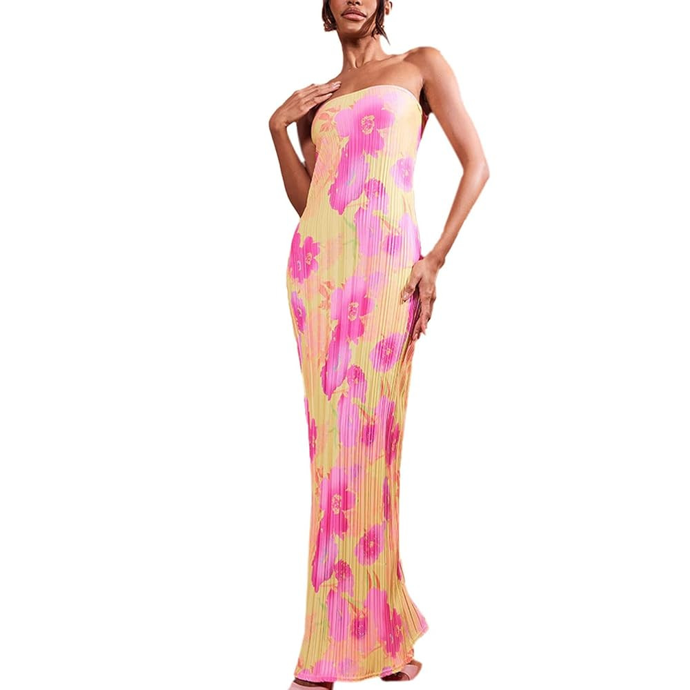 KMBANGI Womens Pink Floral Pleated Tube Maxi Dress Sleeveless Off Shoulder Strapless Backless Par... | Amazon (US)