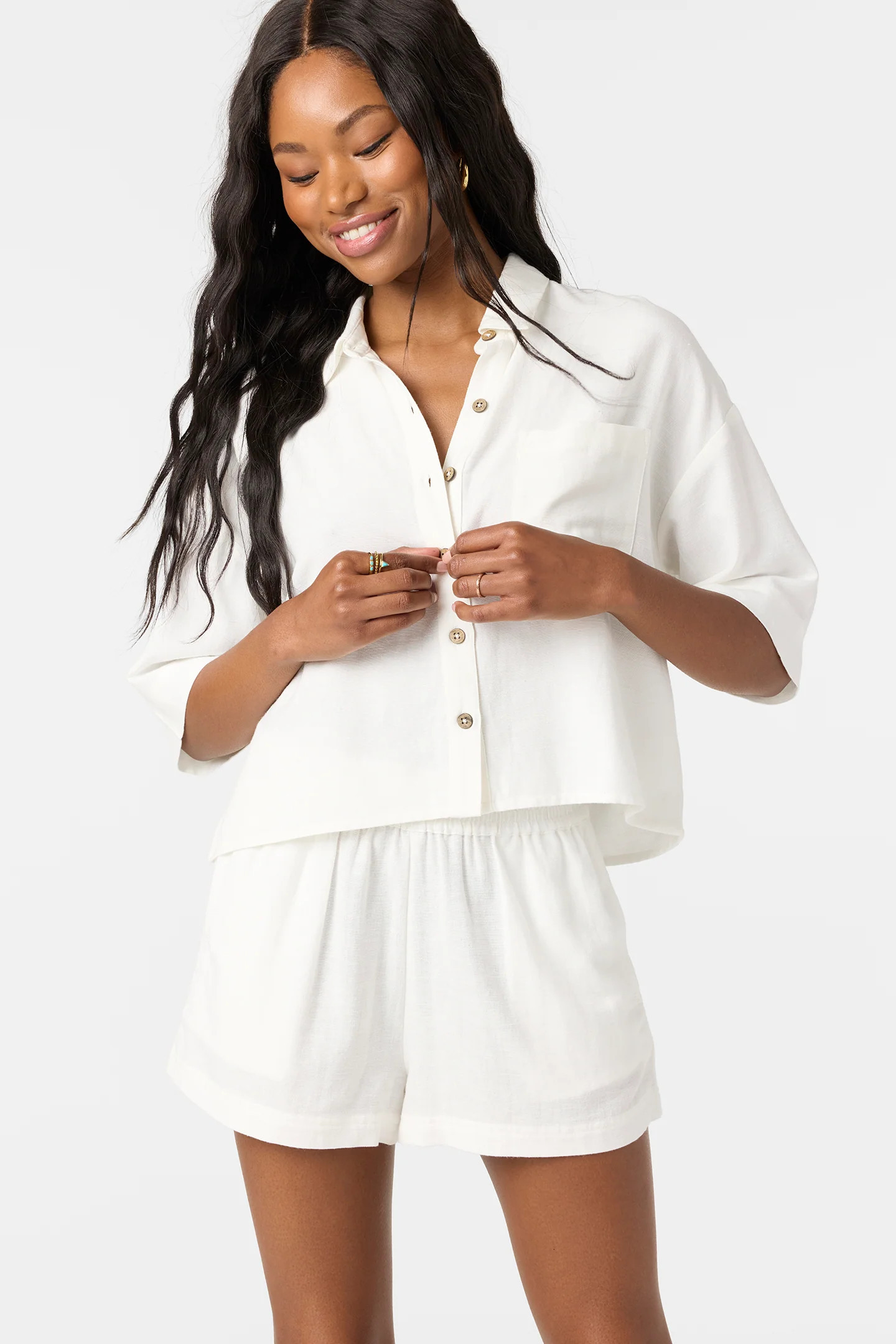 O'Neill Women's Sanders Button-Up Shirt in White, Size Medium, Linen/Viscose | O'Neill