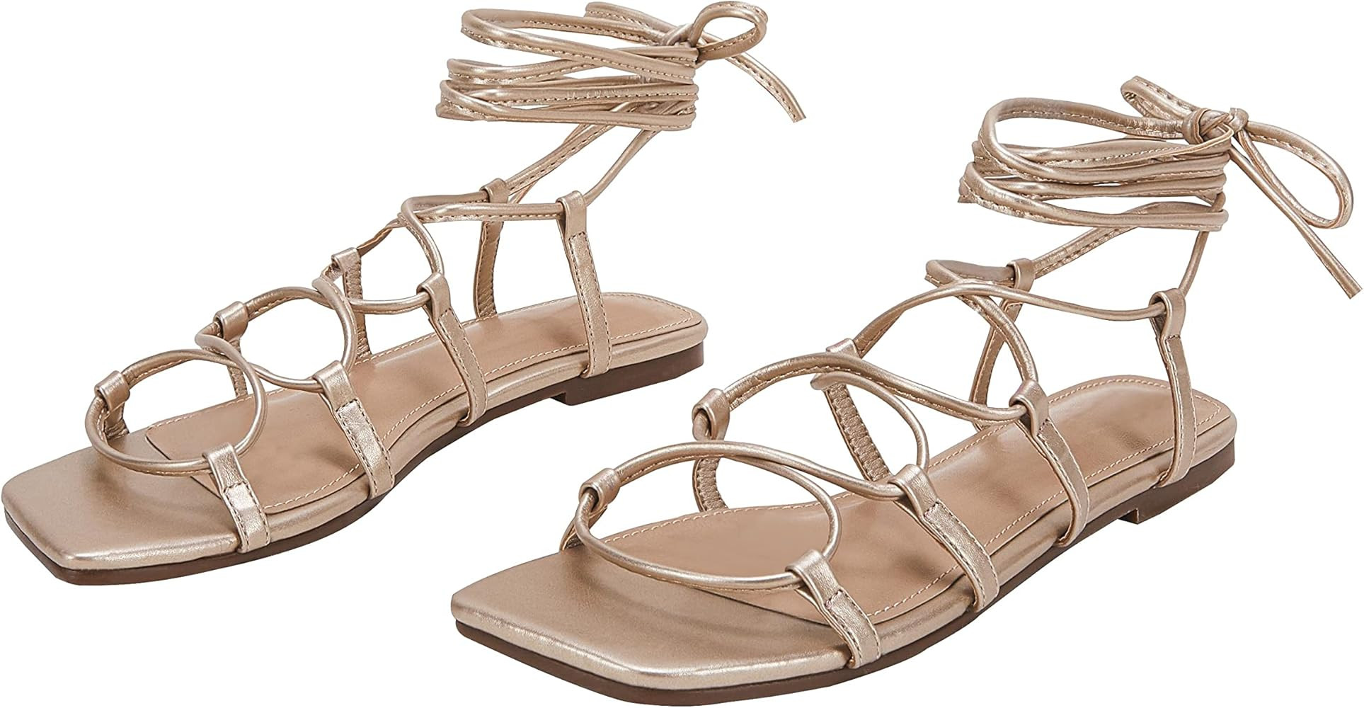 PiePieBuy Womens Lace up Square Toes Flat Sandals with Ankle Strap Summer Criss-Cross Gladiator Shoe | Amazon (US)