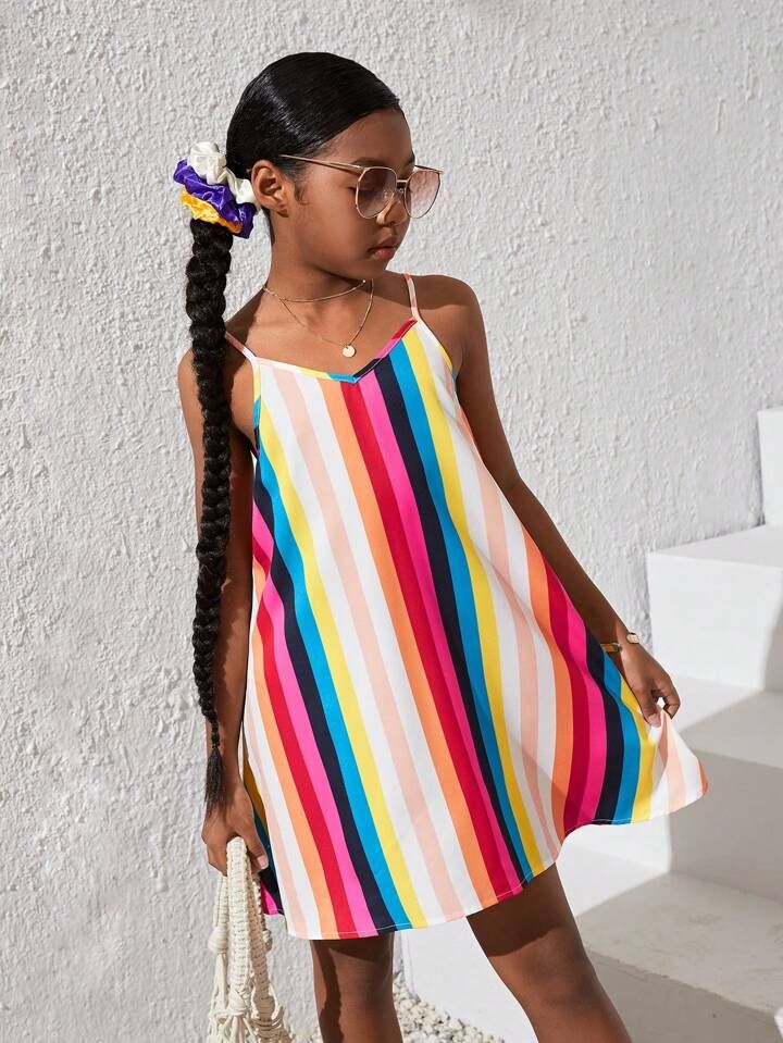 SHEIN Tween Girls' Casual Rainbow Striped Adjustable Spaghetti Strap Loose Fit Dress | SHEIN