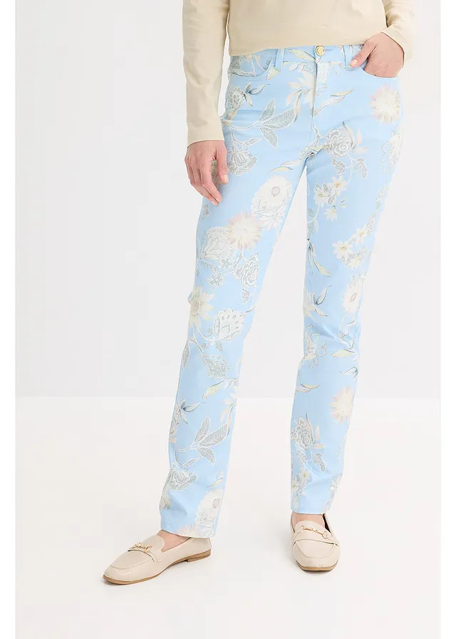 Gedessineerde stretch broek poederblauw-lichtsand gebloemd | Bonprix NL (Influencer)