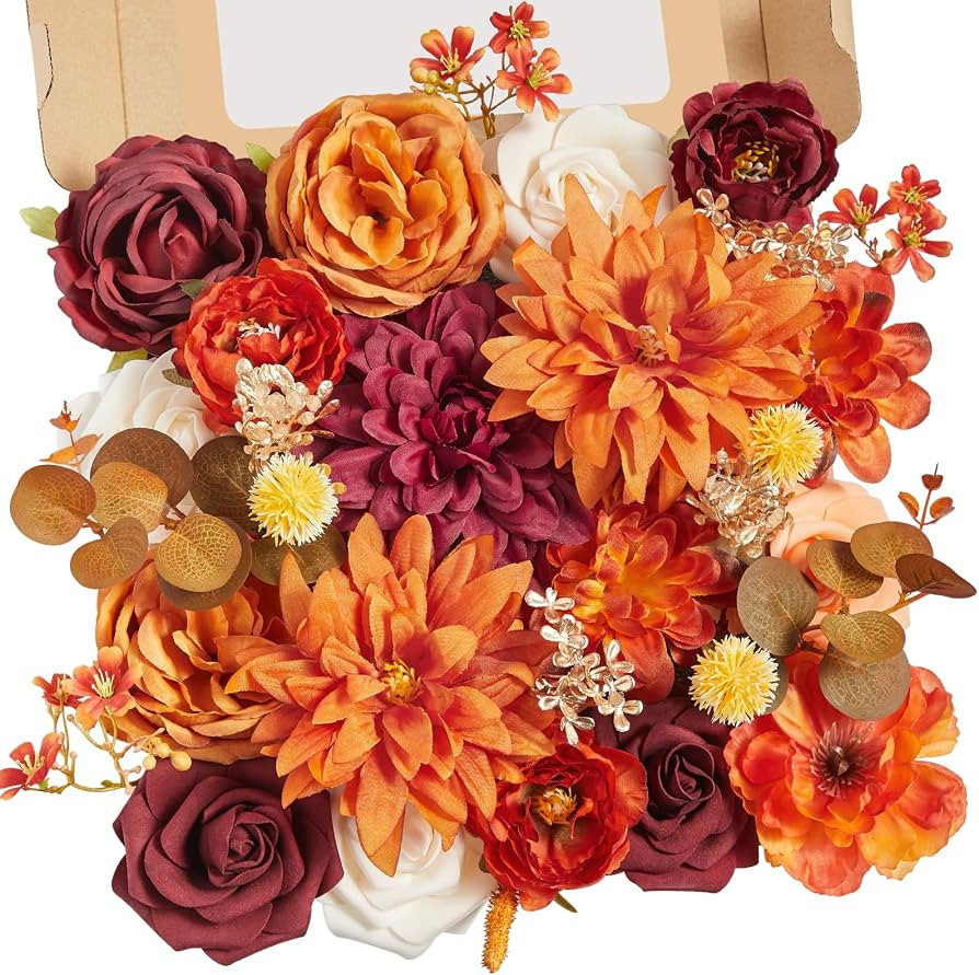 Serwalin Fall Flowers Artificial Silk Orange Burgundy Flowers for Wedding | Amazon (US)