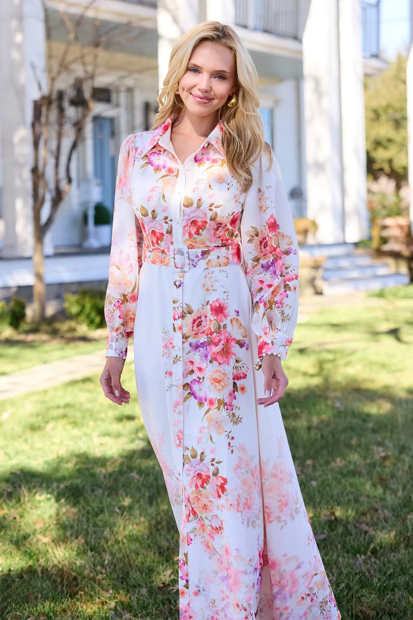 Lauren White Floral Belted Maxi Dress | Avara