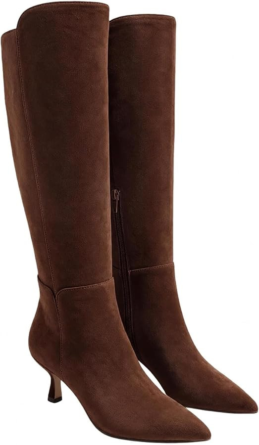 Coutgo Womens Knee High Boots Kitten Heel Pointed Toe Zip Dress Tall Boots | Amazon (US)
