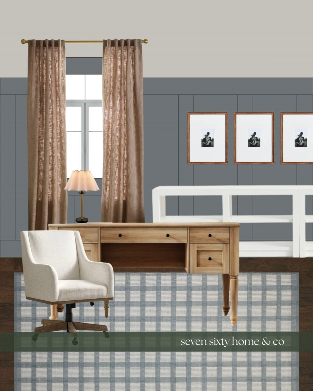 A heritage cottage office designed to feel calm, collected, and quietly traditional. Soft blue-gray paneling sets a grounded backdrop for warm wood furniture, classic framed artwork, and layered textures that add depth without visual noise. The woven check area rug, tailored drapery, and traditional desk silhouette balance function with charm, creating a workspace that feels thoughtful and timeless rather than utilitarian. A cozy desk chair and soft lighting keep the room inviting, making this home office ideal for slow mornings, focused work, and long afternoons spent creating in a space that feels settled and intentional. 

 #LTKHome