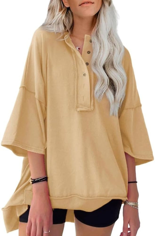 SHEWIN Women's Fashion Oversized T Shirts Casual Short Sleeve Henley Neck Summer Tops Tees | Amazon (US)