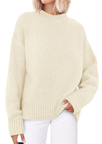 PRETTYGARDEN Womens Sweaters Fall 2025 Trendy Casual Crewneck Long Sleeve Cozy Knit Pullover Sweater Tops Winter Clothing(Beige White,XX-Large) | Amazon (US)
