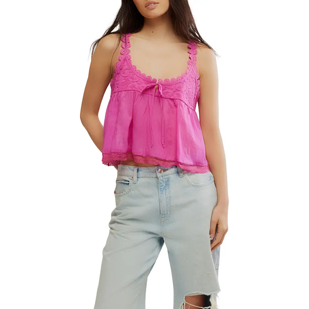 Free People Stevie Lace Accent Cotton Camisole in Hibiscus Pink at Nordstrom Rack, Size X-Large | Nordstrom Rack