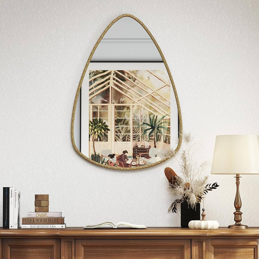 Irregular Wall Mirror with Wood Frame, 28"X 20" Asymmetrical Aesthetic Mirror for Wall Decor, Abs... | Amazon (US)