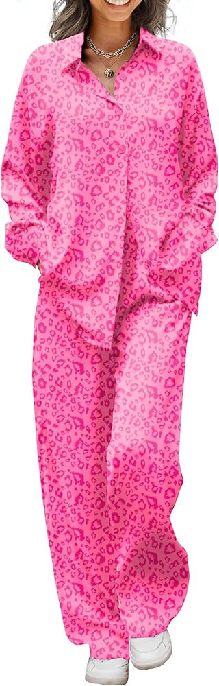 Ekouaer Womens Satin Silky Pajama Set 2 Piece Print PJs Soft Loungewear Button Down Sleepwear wit... | Amazon (US)