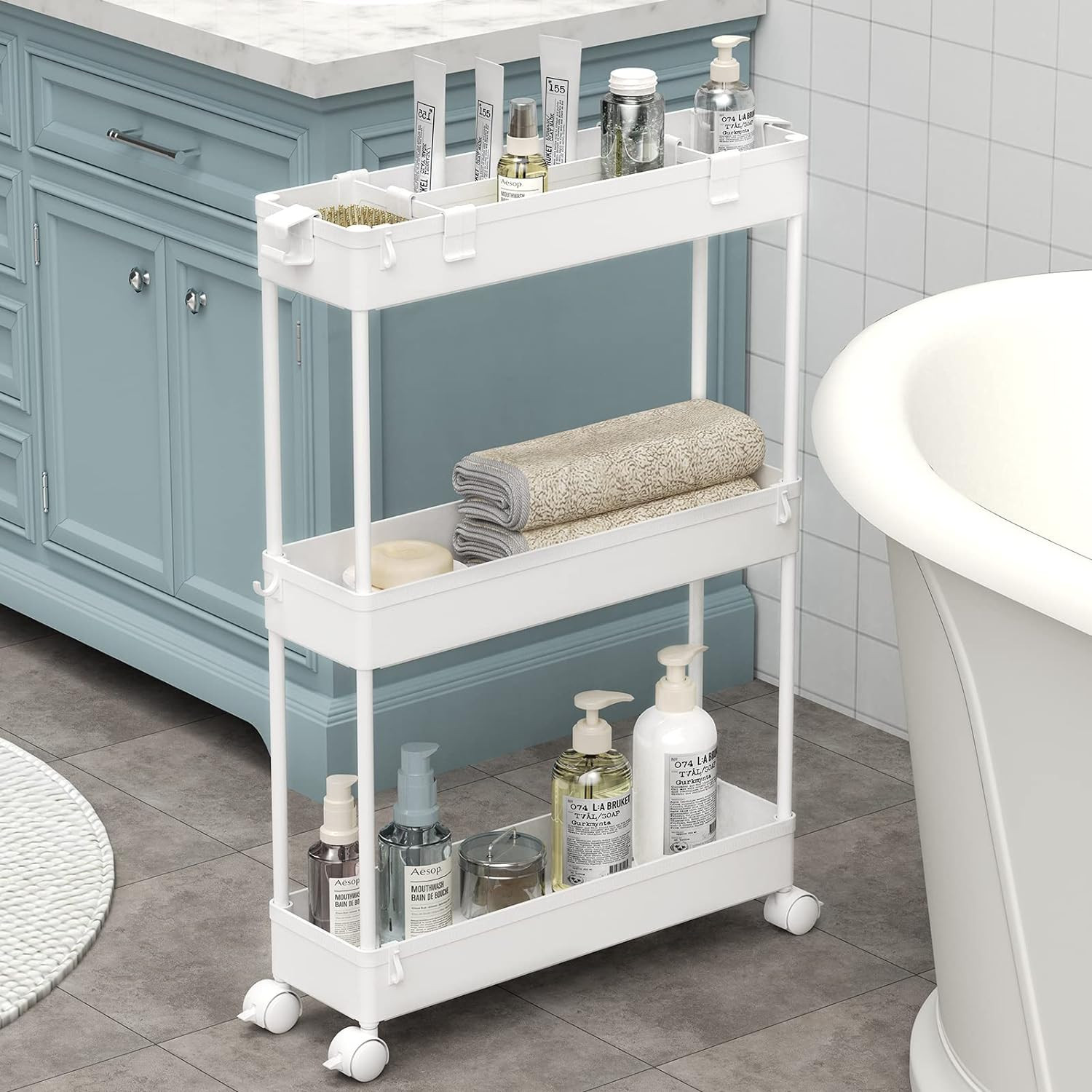 Slim Storage Cart 3 Tier,Bathroom Organizer Rolling Utility, Mobile Shelving Unit Slide Out for Office, Kitchen, Laundry Room & Narrow Places,White | Amazon (US)