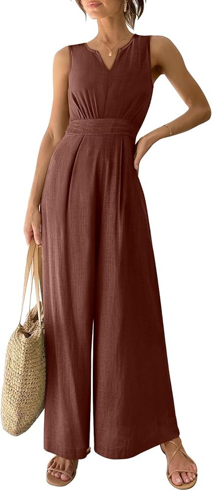 ANRABESS Women's Summer Wide Leg Jumpsuits V Neck Sleeveless High Waist Dressy Linen Romper with ... | Amazon (US)