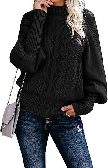 Dokotoo Womens High Neck Cable Knit Balloon Long Sleeve Sweaters Solid Loose Pullovers Sweaters C... | Amazon (US)