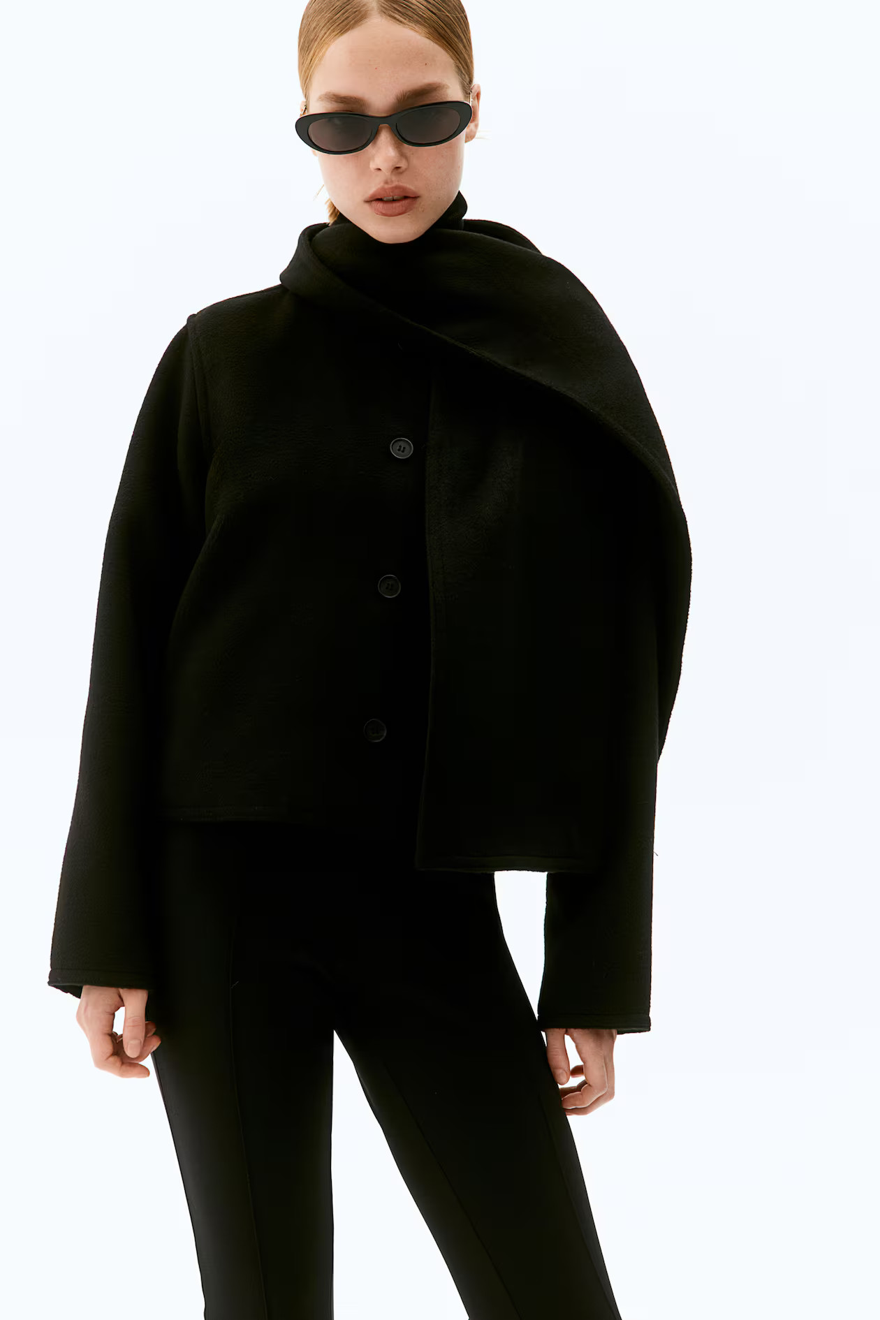 Felted jacket with scarf - Long sleeve - Short - Black - Ladies | H&M GB | H&M (UK, MY, IN, SG, PH, TW, HK)