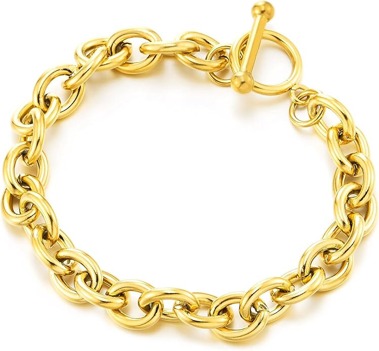 COOLSTEELANDBEYOND Womens Rolo Chain Link Bracelet Stainless Steel, Chunky Oval Links with Toggle... | Amazon (US)