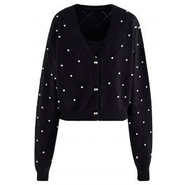 Pearly Diamond Knit Cami Top and Cardigan Set in Black | Chicwish