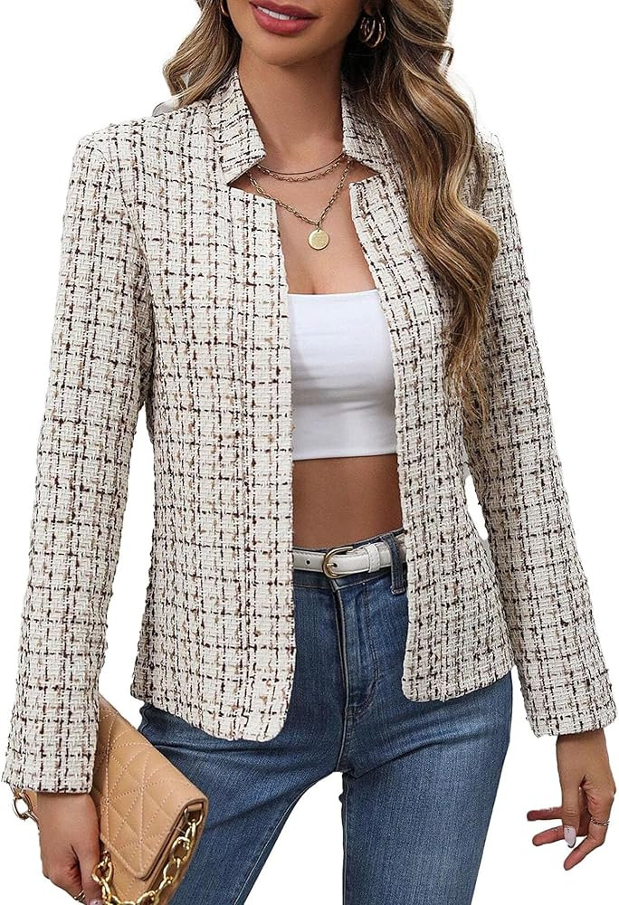 2025 Women's Tweed Blazer Lightweight Plaid Open-Front Stand-Collar Fully-Lined Casual Fashion El... | Amazon (US)