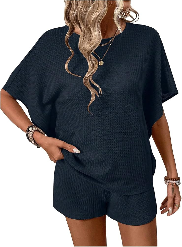 Women's 2 Piece Casual Summer Outfits Dolman Half Sleeve T Shirt and Shorts Waffle Knit Matching ... | Amazon (US)