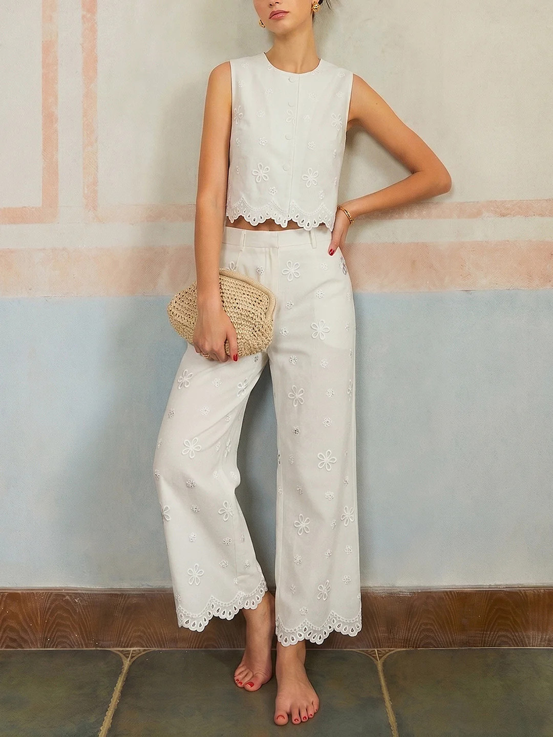 Embroidered Floral Cotton Top & Pants Set | Commense