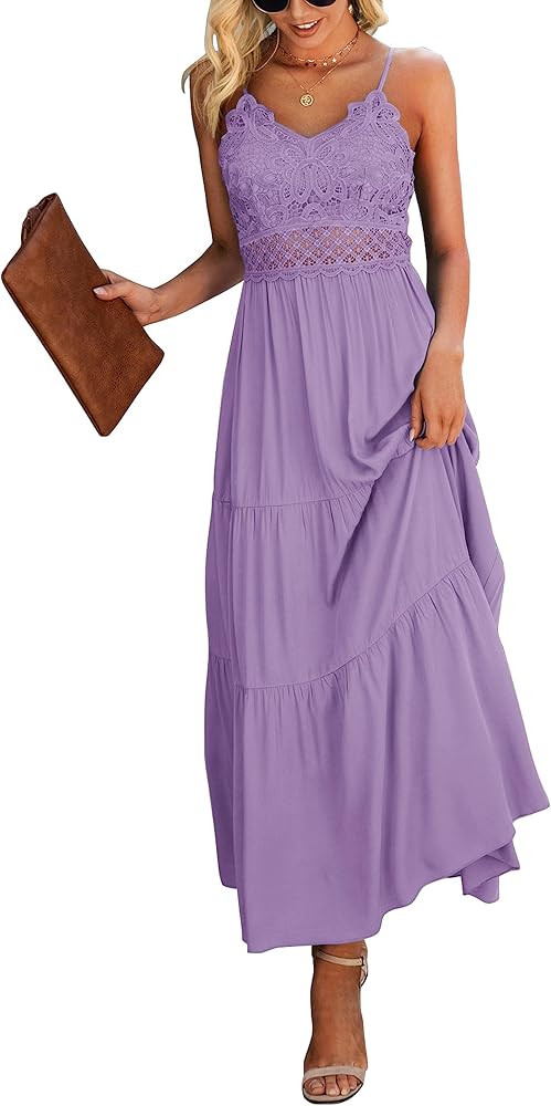 Dokuritu Women's Beach Crochet Lace Maxi Dress Solid Color Summer Vacation Spaghetti Strap Long D... | Amazon (US)