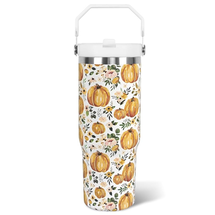Fall Tumbler with Lid and Straw 30oz,Pumpkin Pink Flower Vacuum Autumn Insulated Leak Proof Tumbl... | Amazon (US)