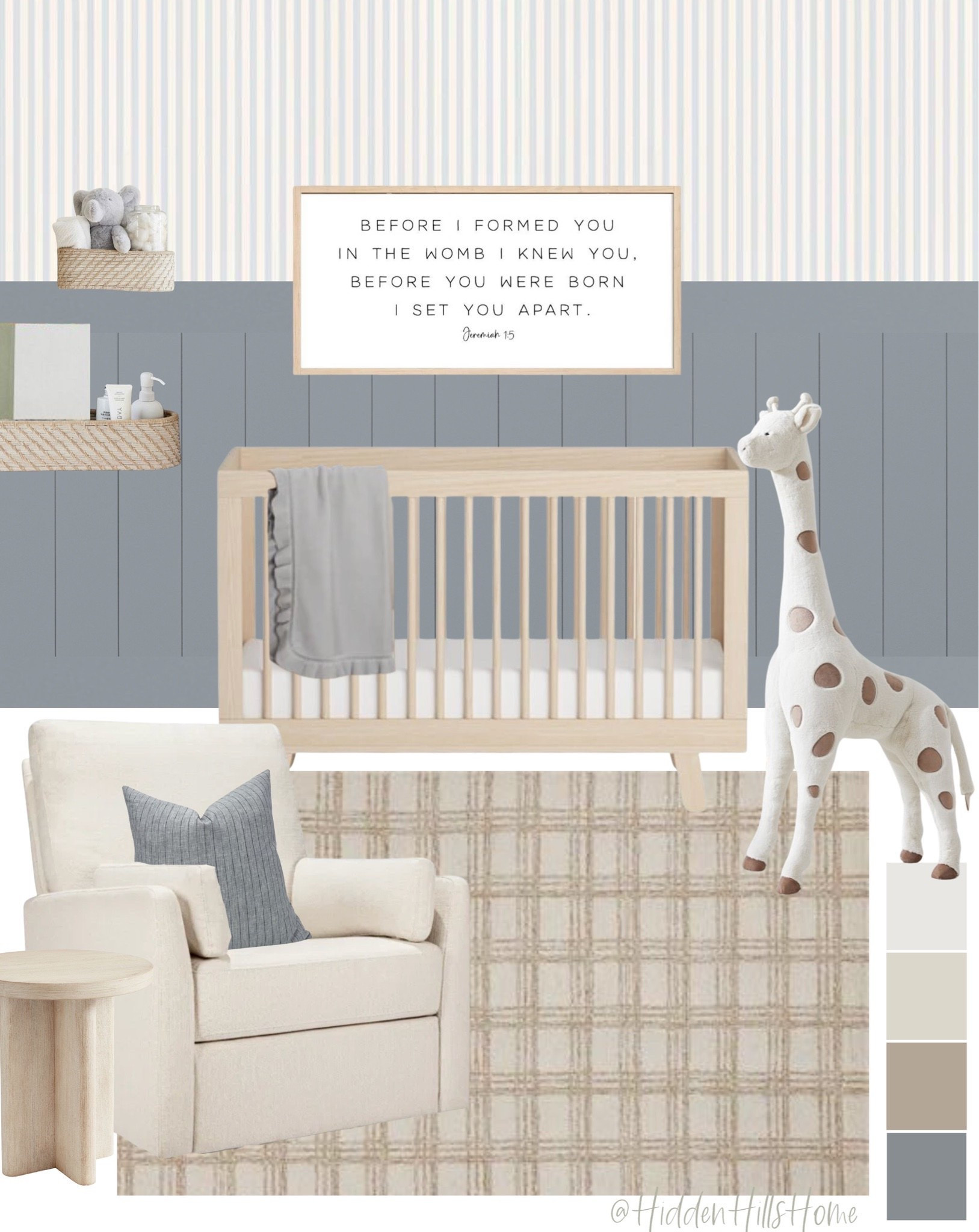 Nursery decor ideas, crib, nursery mood board, nursery glider chair, home decor, nursery design inspiration, nursery shelves #nursery 
Wall color is SW Let it Rain

#LTKHome #LTKSaleAlert #LTKBaby