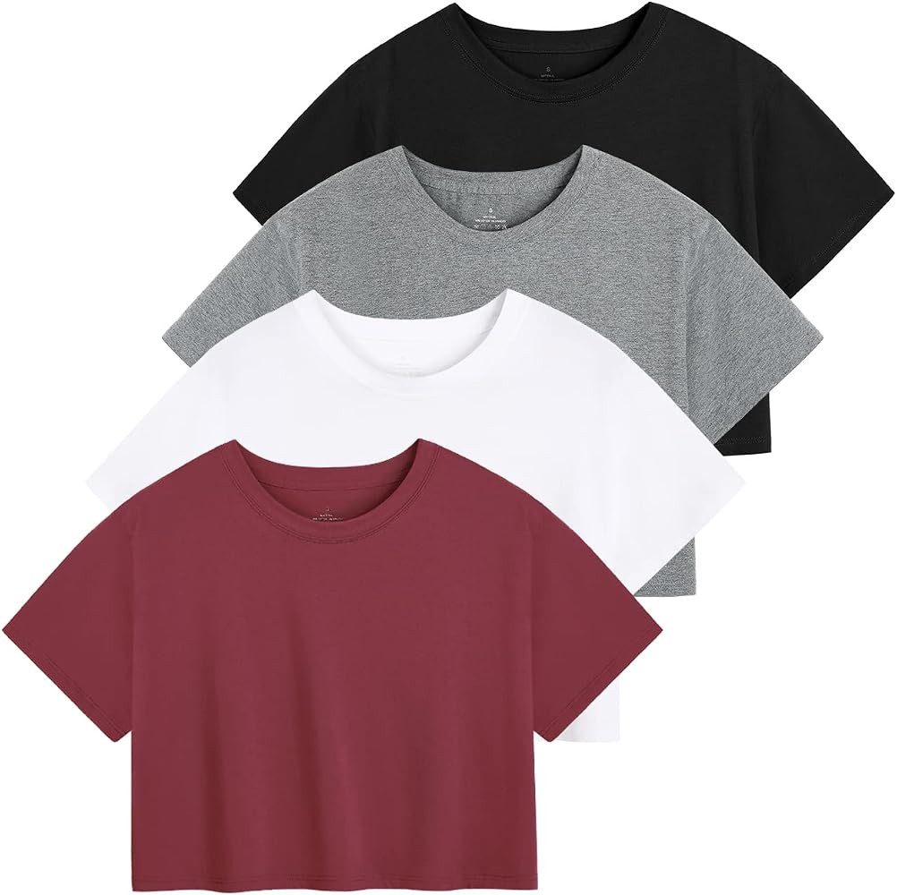 Cosy Pyro 4-Pack Women's Cotton Crop T-Shirts Short Sleeve Solid Cropped Athletic Top Round Neck ... | Amazon (US)