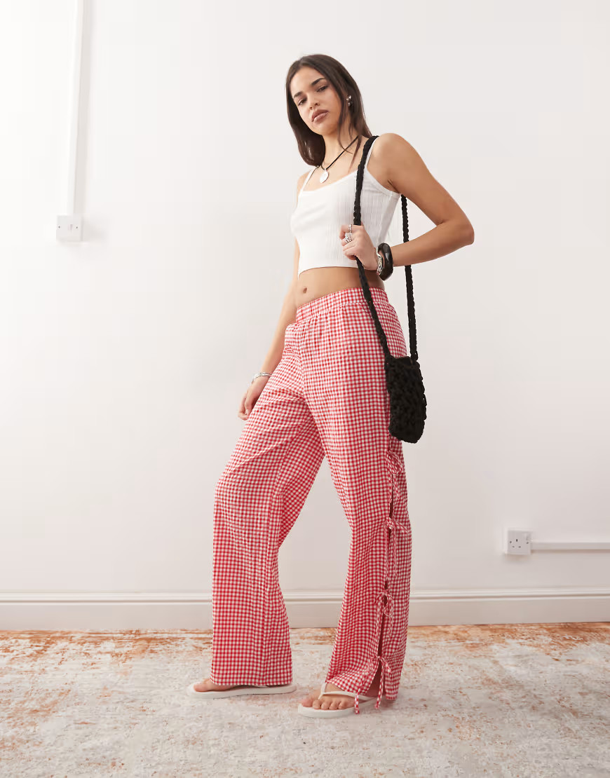 Noisy May wide leg side tie detail pants in red gingham | ASOS (Global)