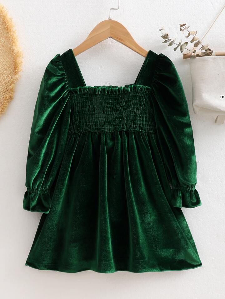 Toddler Girls Flounce Sleeve Frill Trim Shirred Velvet Dress | SHEIN