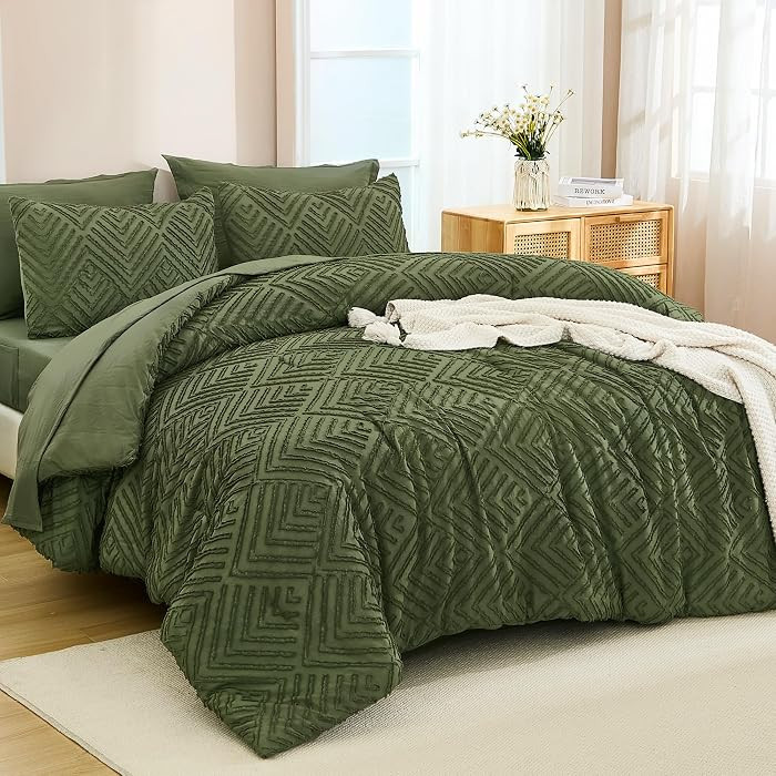 California King Comforter Set Olive Green - 7 Piece Cal King Bed in a Bag Boho Olive Green Tufted... | Amazon (US)