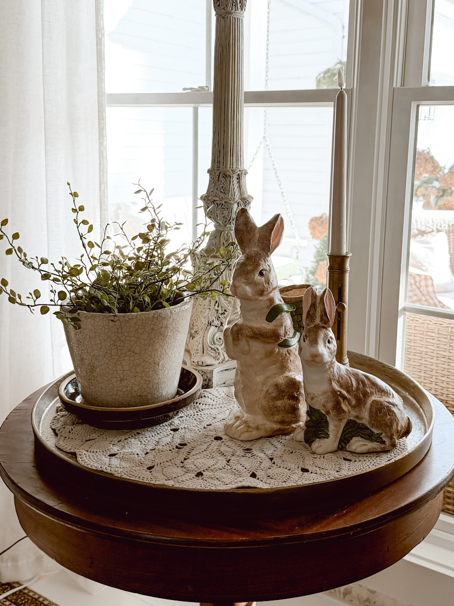 Another of our beautiful realistic faux greens for Spring. We sprinkled these onto a dining room side table with some antique rabbits, a saucer, and a large tray. I love how this large tray brings all the pieces together as one styled piece.  

 #LTKSeasonal #LTKHome #LTKFindsUnder100