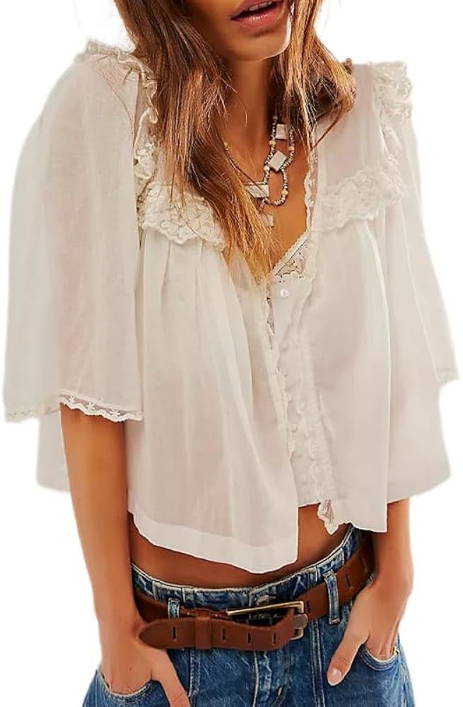 Women Y2K See Through Peplum Shirt Ruffle Lace Trim Buttons Tops Short Sleeve Doll Collar Babydol... | Amazon (US)