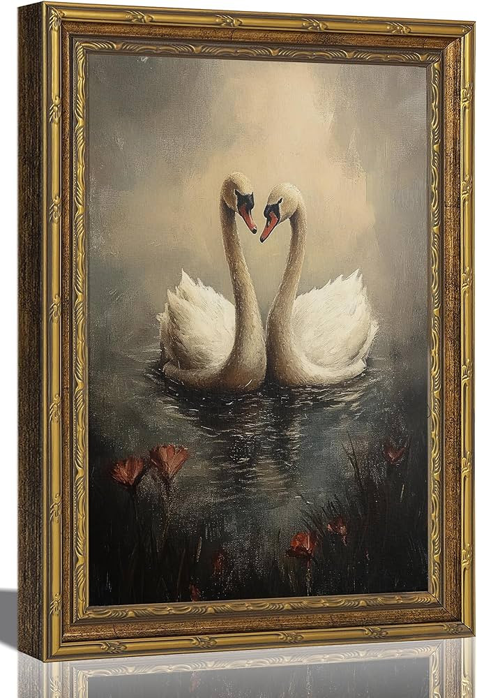Gold Framed Vintage Swan Canvas Wall Art, Melancholy Lake Wildlife Painting Picture Wall Decor,Re... | Amazon (US)