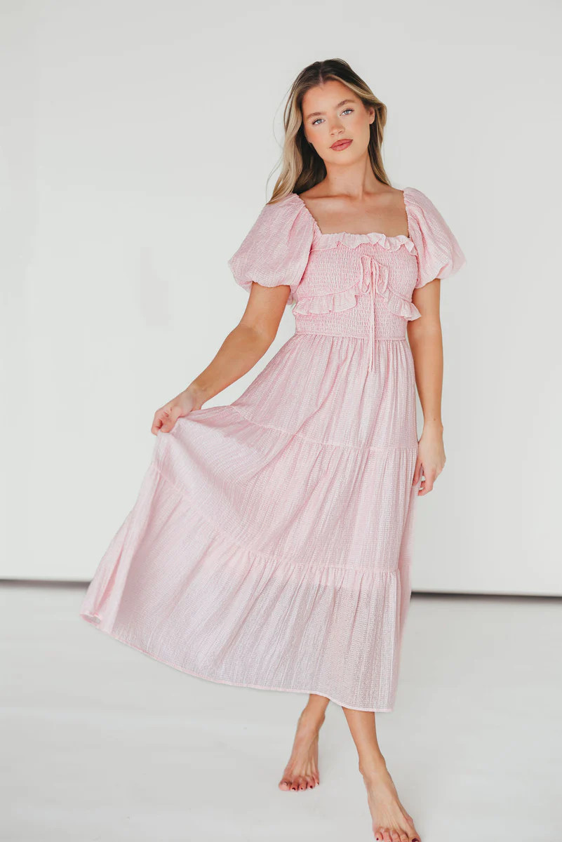 Lainey Ruffle Midi Dress in Light Pink | Worth Collective