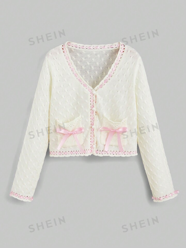 ROMWE Kawaii Contrast Trim Bow Front Cardigan | SHEIN