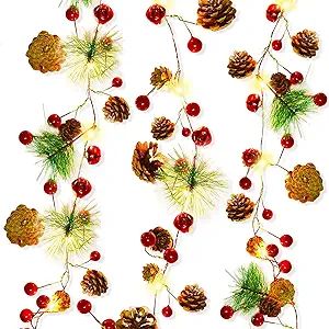 [Timer] 20 LED Christmas String Lights, 7 Ft Pinecone Red Berry Bell Xmas Garland with Lights Bat... | Amazon (US)