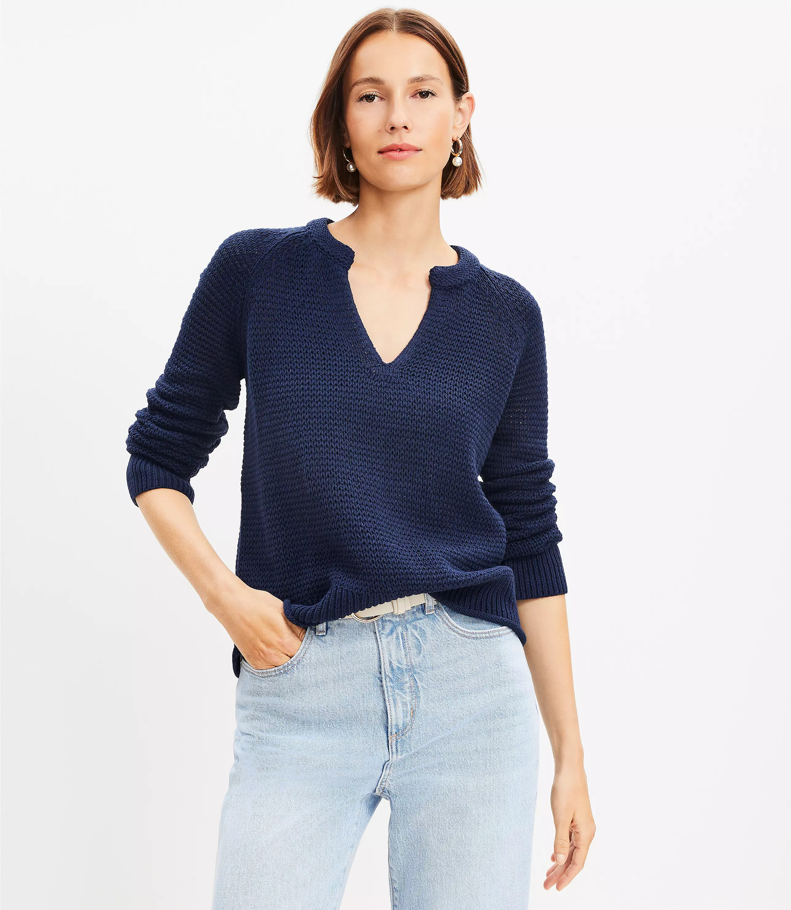 Open Stitch Split Neck Sweater | LOFT