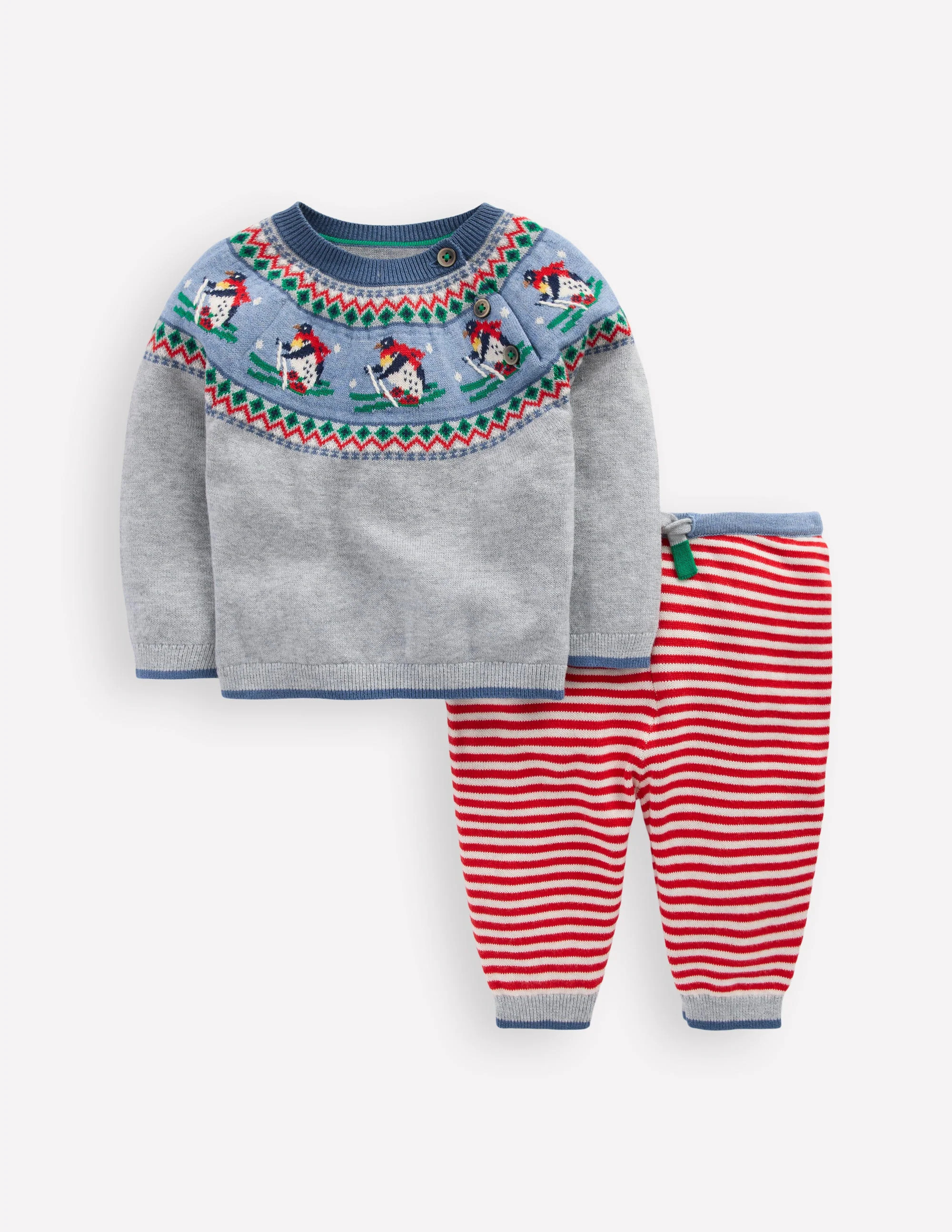 Knitted Play Set-Grey Marl Skiing Penguins | Boden (US)