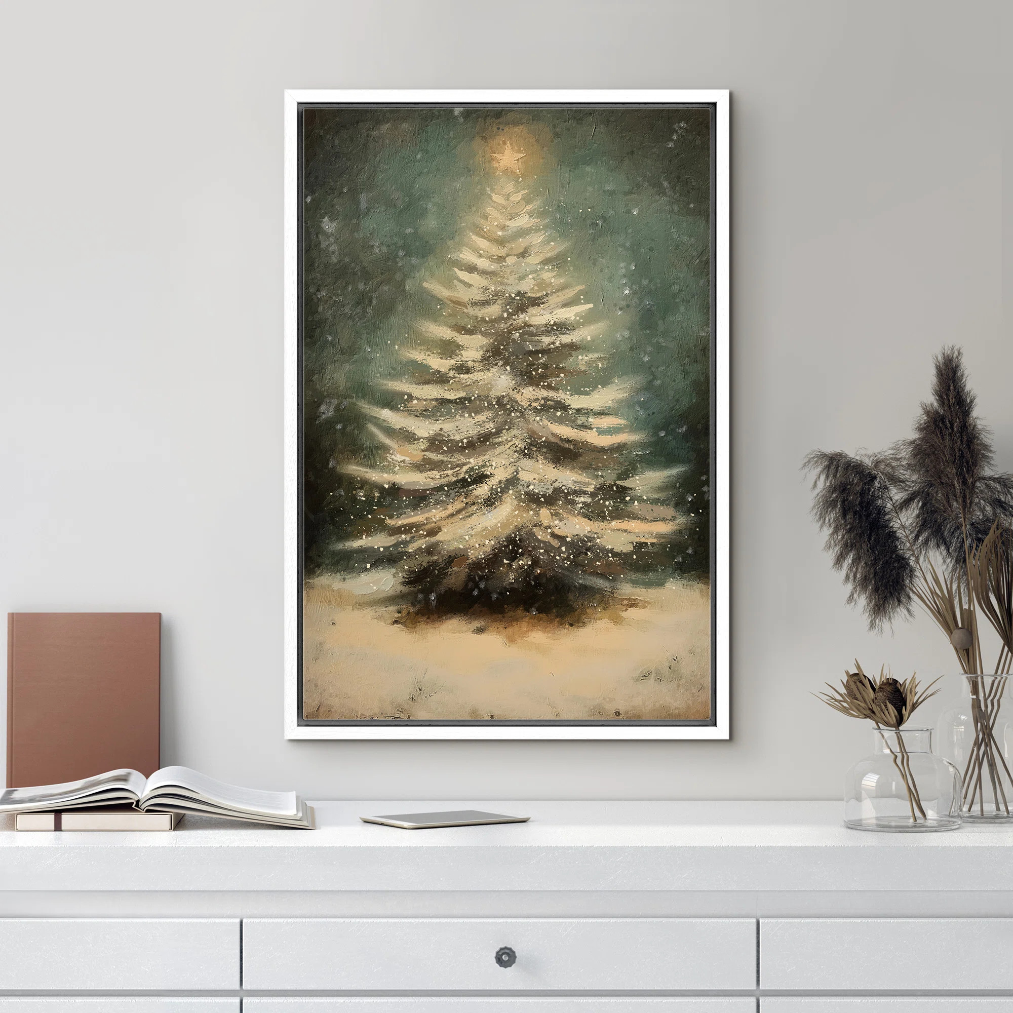 Vintage Green Christmas Pine Tree Snow Winter Holiday Decor Framed Canvas Print Wall Art | Wayfair North America