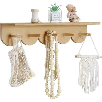 Nursery Floating Shelves With Hooks For Wall Bookshelves Wood Wall Mounted Organizer Hanging Scalloped Bookshelves Nursery Decor For Kids Room, Bedroo | Wayfair North America
