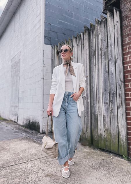Spring outfit idea with white blazer, barrel jeans, mesh ballet flats, style over 40

#LTKOver40 #LTKShoeCrush #LTKFindsUnder100