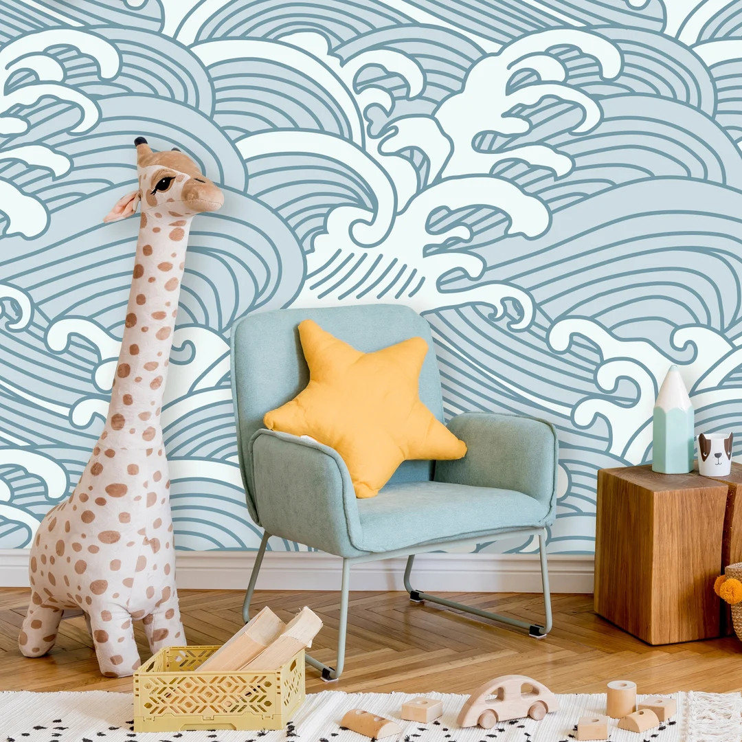 Chinese Waves Peel and Stick Wallpaper | Removable Blue-Gray Mural | Self Adhesive or Pre-Pasted ... | Etsy (US)