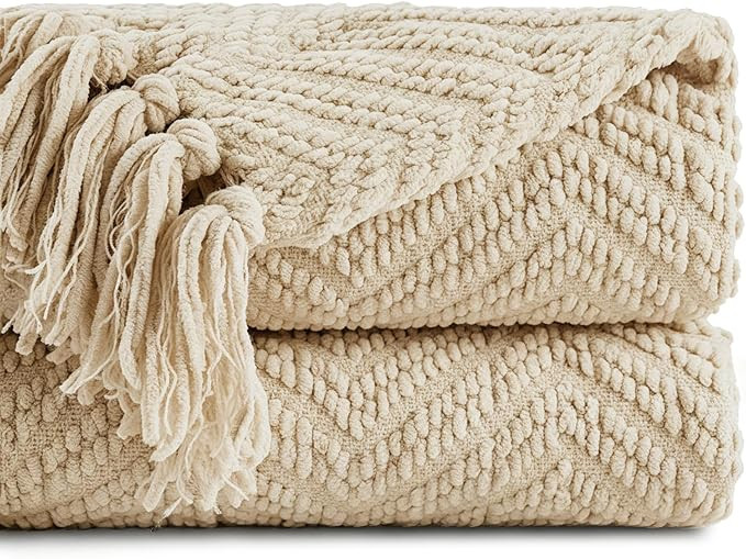 BATTILO HOME Beige Throw Blanket for Couch, Knitted Beige Throw for Bed, Neutral Throw Blankets T... | Amazon (US)
