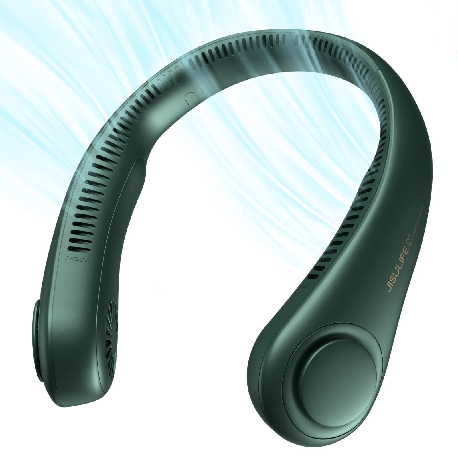 JISULIFE Portable Neck Fan, Hands Free Bladeless Fan, 5 Speeds, 4000 mAh Battery Operated Wearable Personal Fan, Twistable, Rechargeable, Gift for Women Men-Dark Green | Amazon (US)
